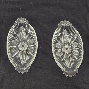 Vintage Anchor Hocking Feather & Pearl Relish Dish, Set 2, 8" L x 4.25" W, Glass